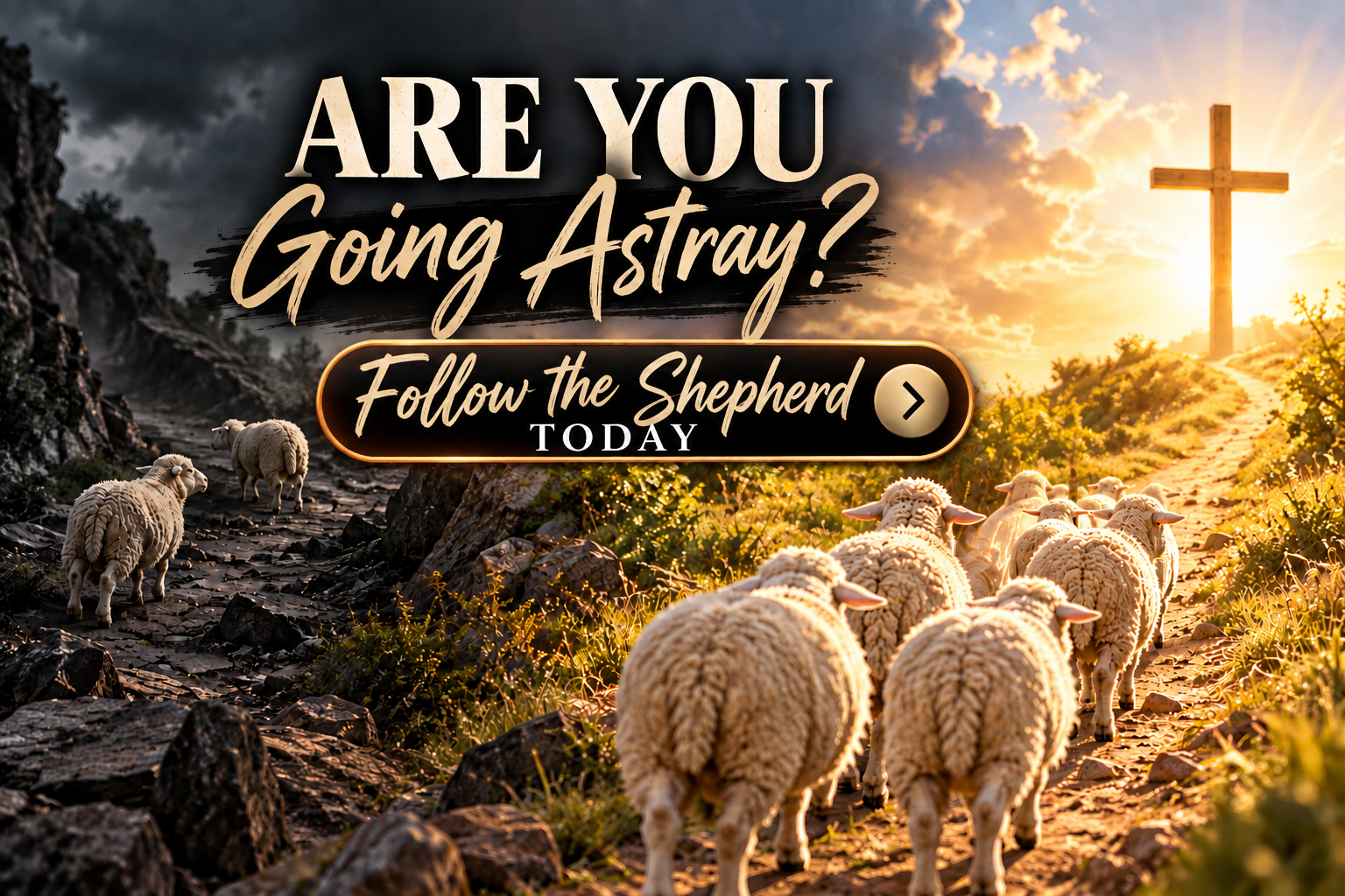 Are you Going Astray? Follow the Shepherd TODAY. Sheep travel along a dark path and a sunlit path toward the cross.